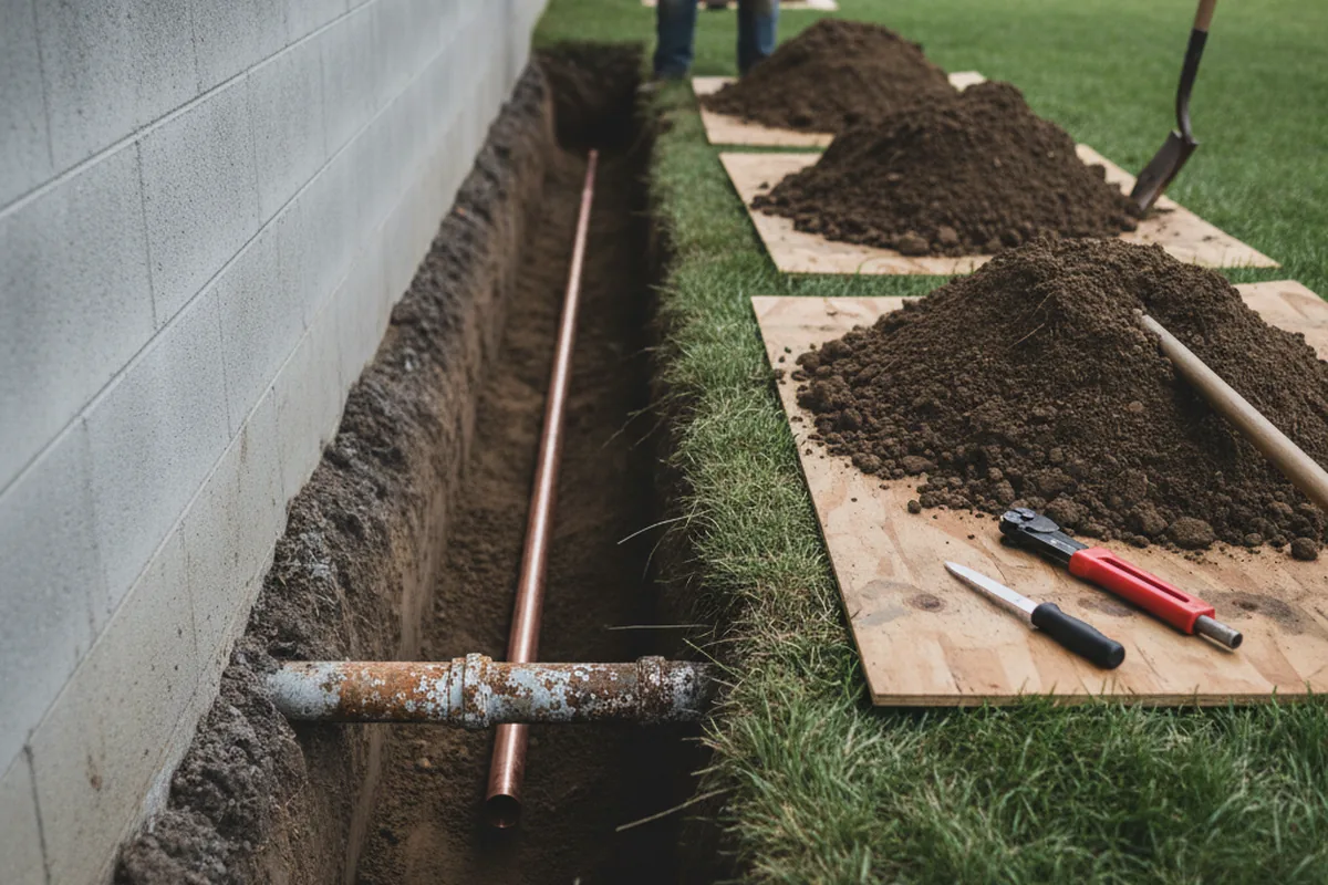 Excavated water line trench during Water Softener Installation in Waxahachie
